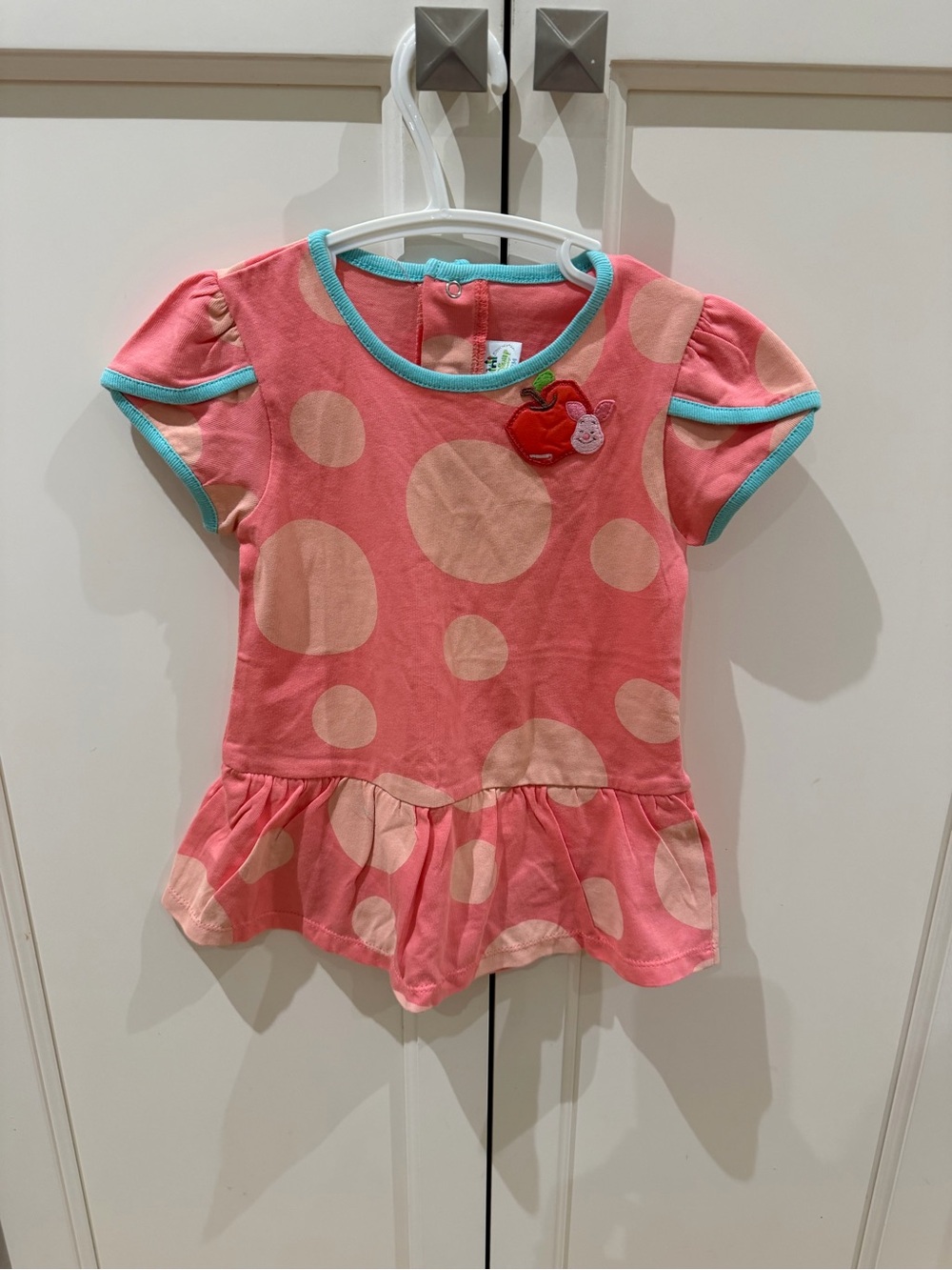 Disney 12m piglet Girls' Pink Polka Dot Peplum dress with Apple Patch